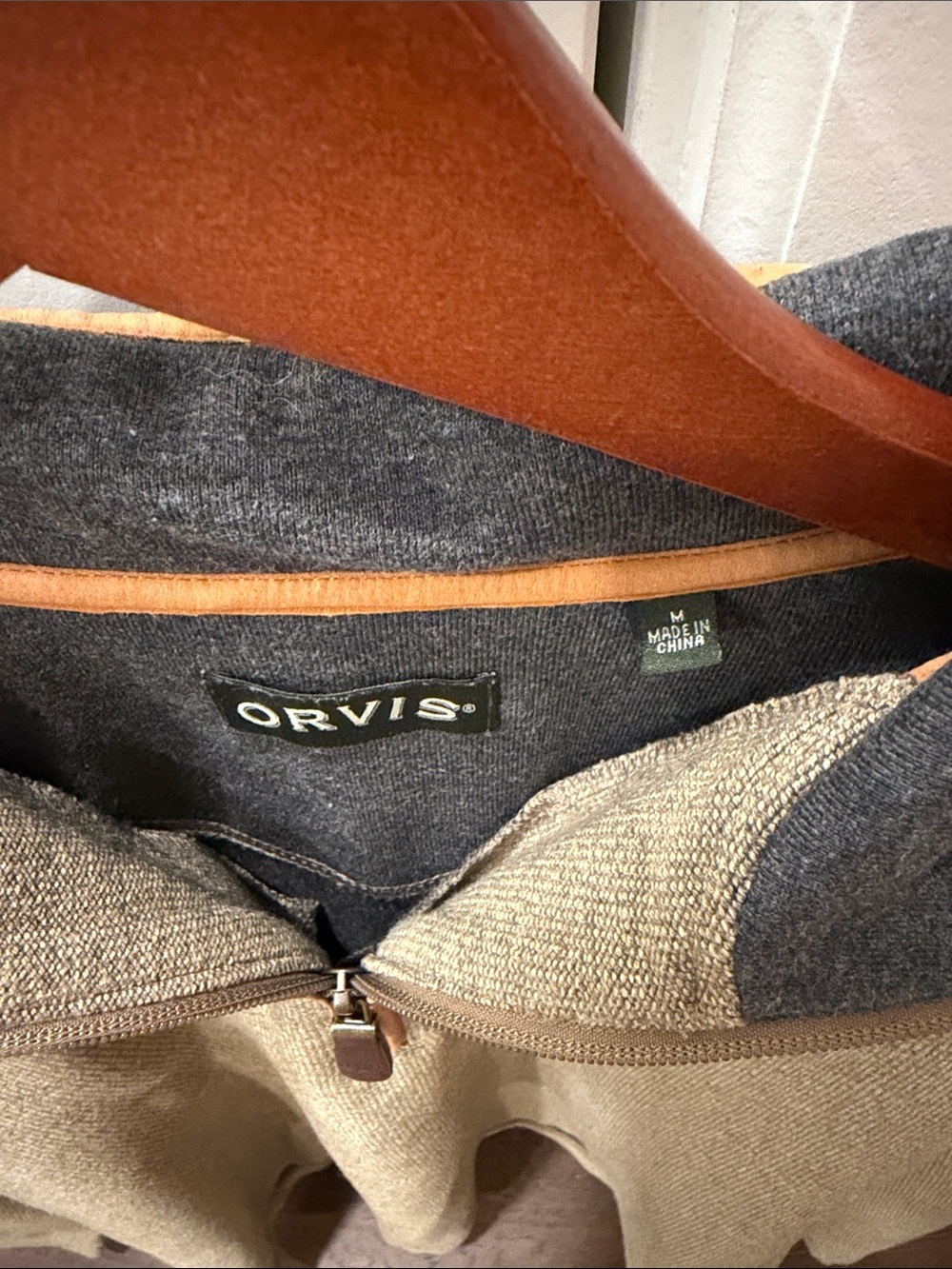 Orvis Olive Green Zip-Up Sweater with Charcoal Collar and Tan Trim - Picture 2 of 5